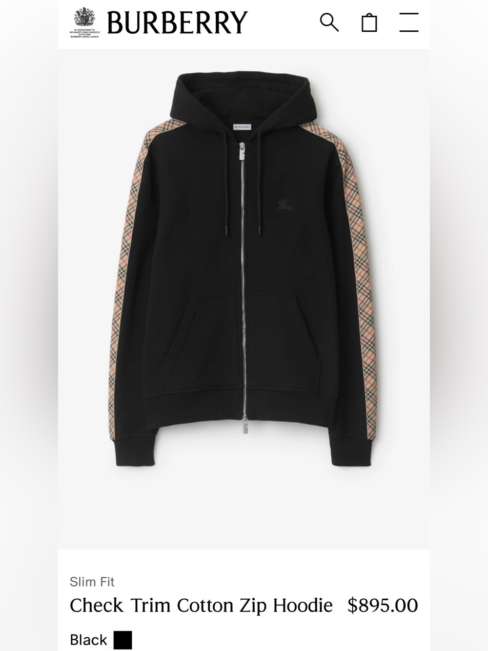 Burberry Black Hooded Cotton Zip hoodie with check trim Accent on sleeves